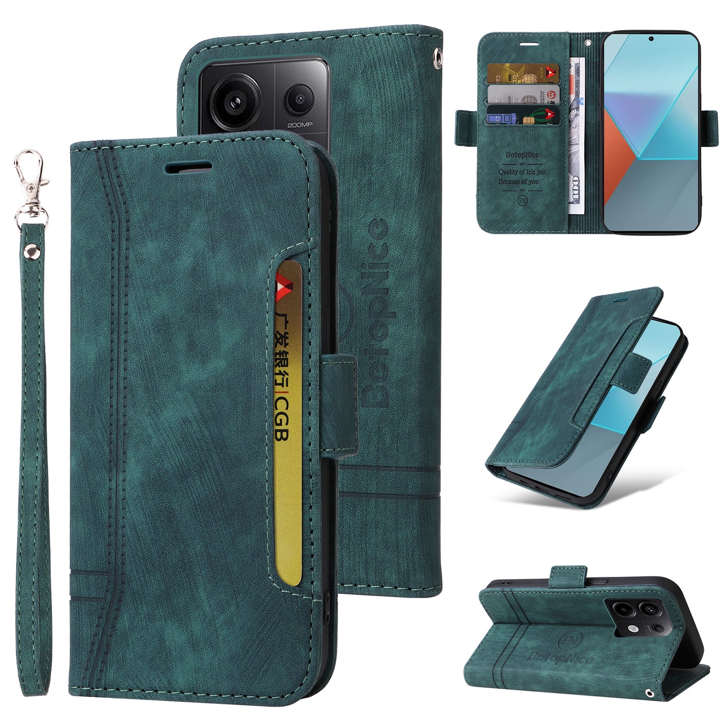 BETOPNICE 001 for Xiaomi Redmi Note 13 Pro 5G / Poco X6 5G Case Leather Wallet Smart Phone Cover - Green