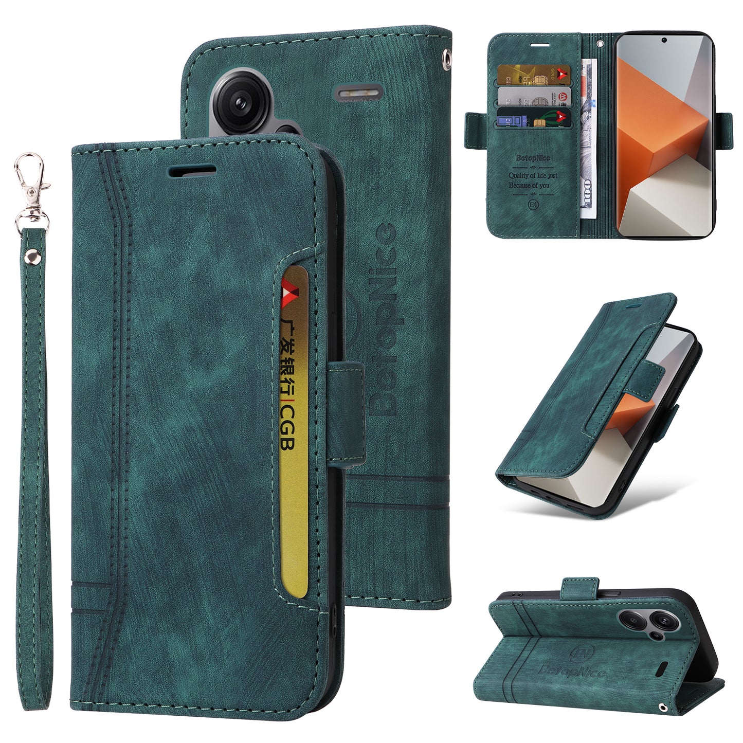 BETOPNICE 001 for Xiaomi Redmi Note 13 Pro+ 5G Phone Case Imprinted Lines Pattern Wallet Cover - Green