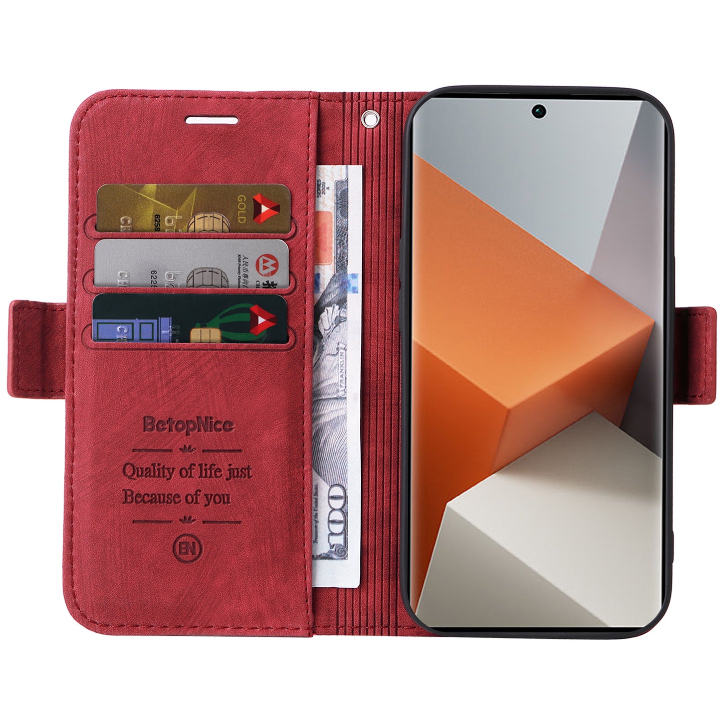 BETOPNICE 001 for Xiaomi Redmi Note 13 Pro+ 5G Phone Case Imprinted Lines Pattern Wallet Cover - Red