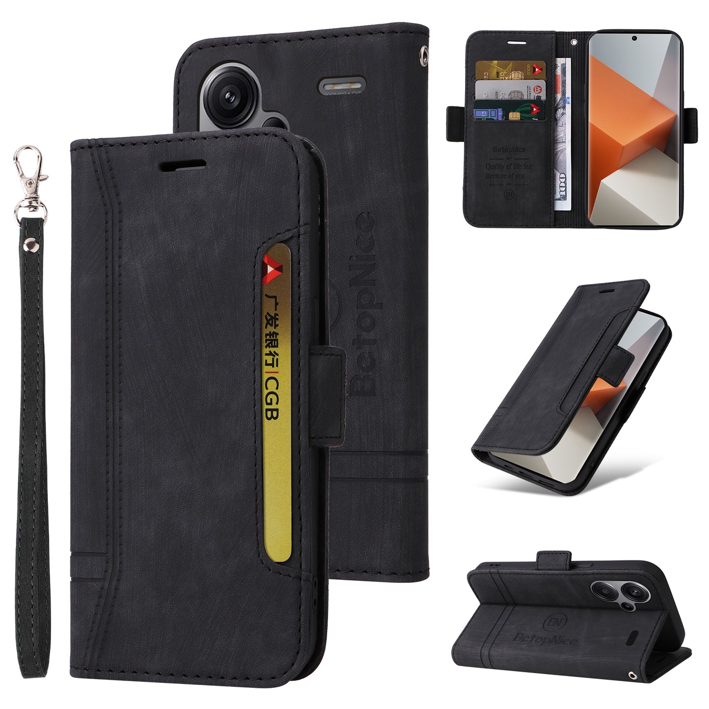 BETOPNICE 001 for Xiaomi Redmi Note 13 Pro+ 5G Phone Case Imprinted Lines Pattern Wallet Cover - Black