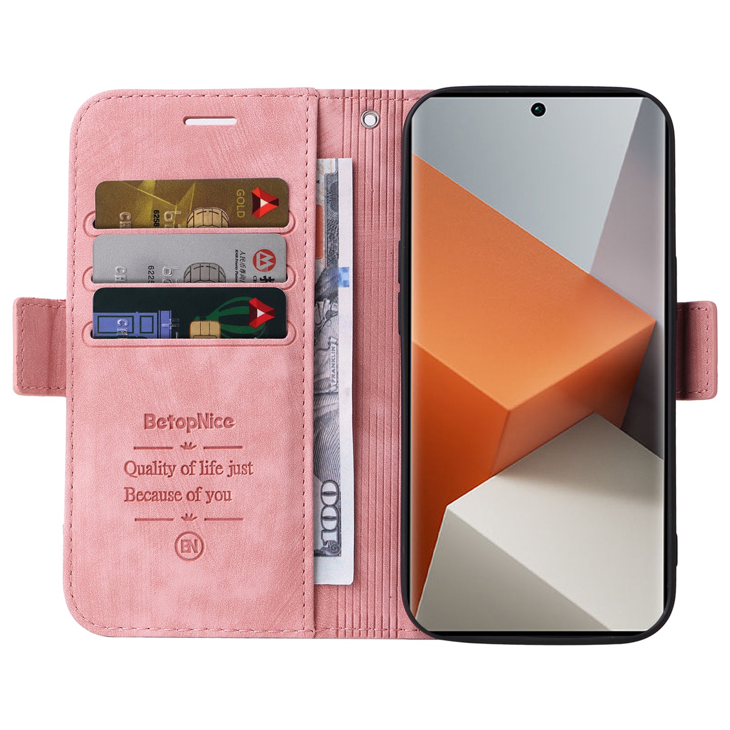 BETOPNICE 001 for Xiaomi Redmi Note 13 Pro+ 5G Phone Case Imprinted Lines Pattern Wallet Cover - Pink