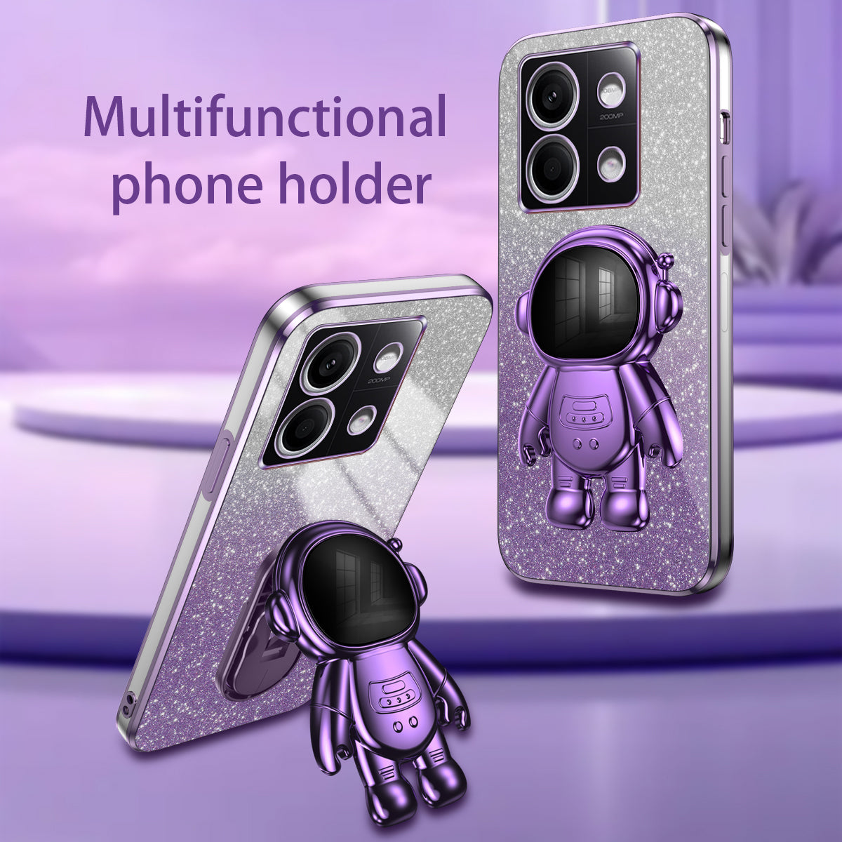 For Xiaomi Redmi Note 13 5G (Global) Cover Astronaut Kickstand Glitter Powder Mobile Phone Case - Purple