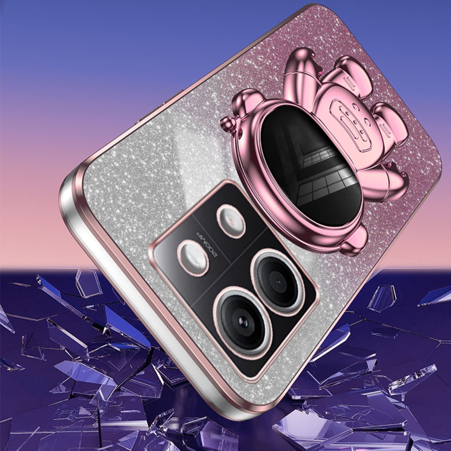 For Xiaomi Redmi Note 13 5G (Global) Cover Astronaut Kickstand Glitter Powder Mobile Phone Case - Pink
