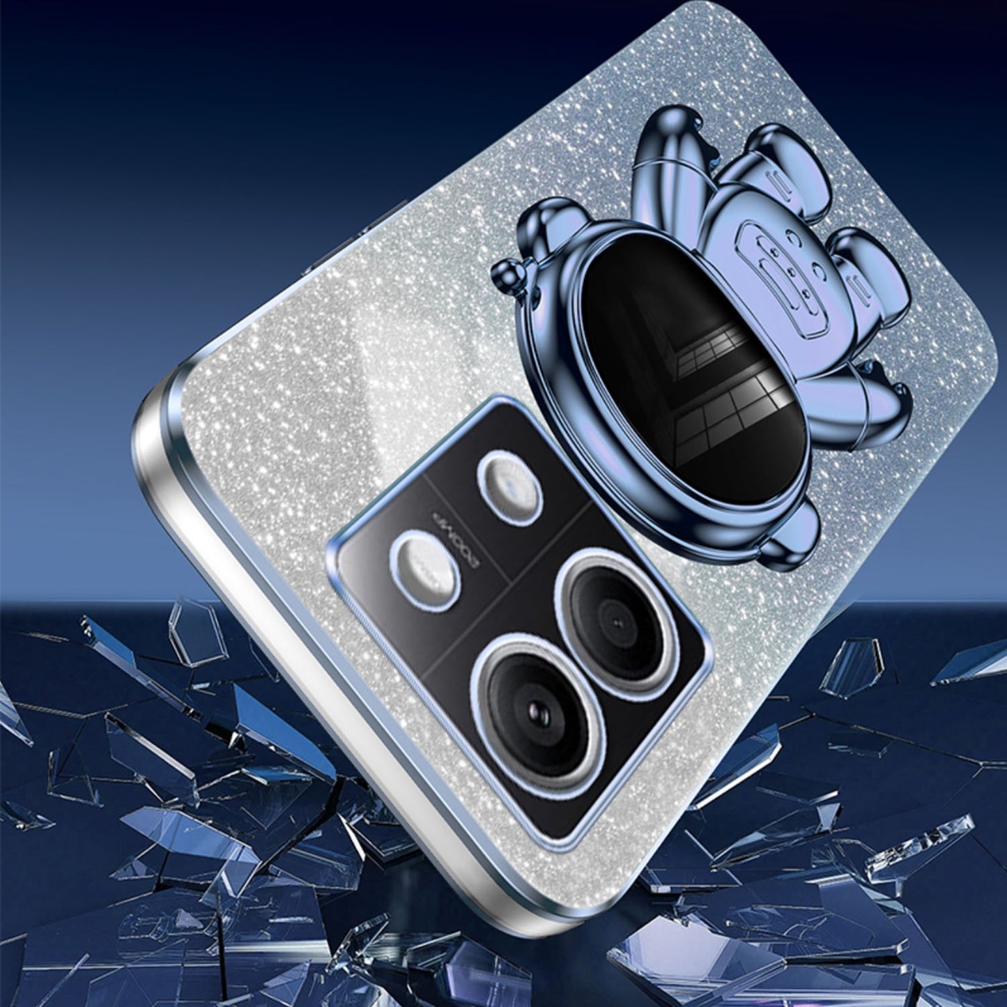 For Xiaomi Redmi Note 13 5G (Global) Cover Astronaut Kickstand Glitter Powder Mobile Phone Case - Blue