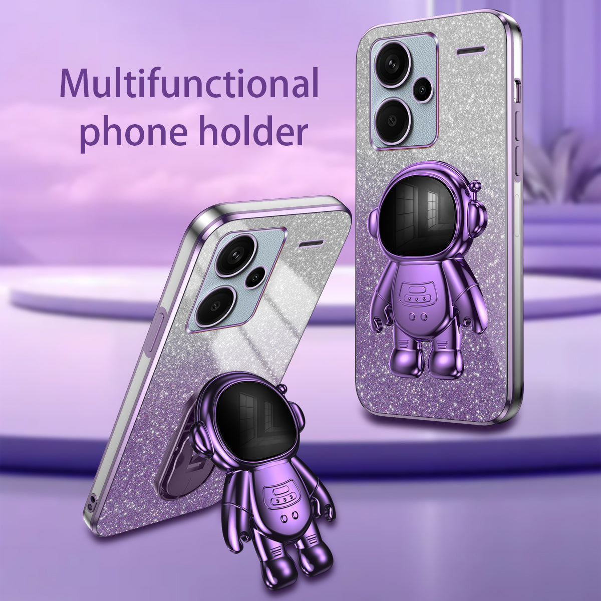 For Xiaomi Redmi Note 13 Pro+ 5G Phone Case Astronaut Kickstand Anti-shock Electroplated Cover - Purple