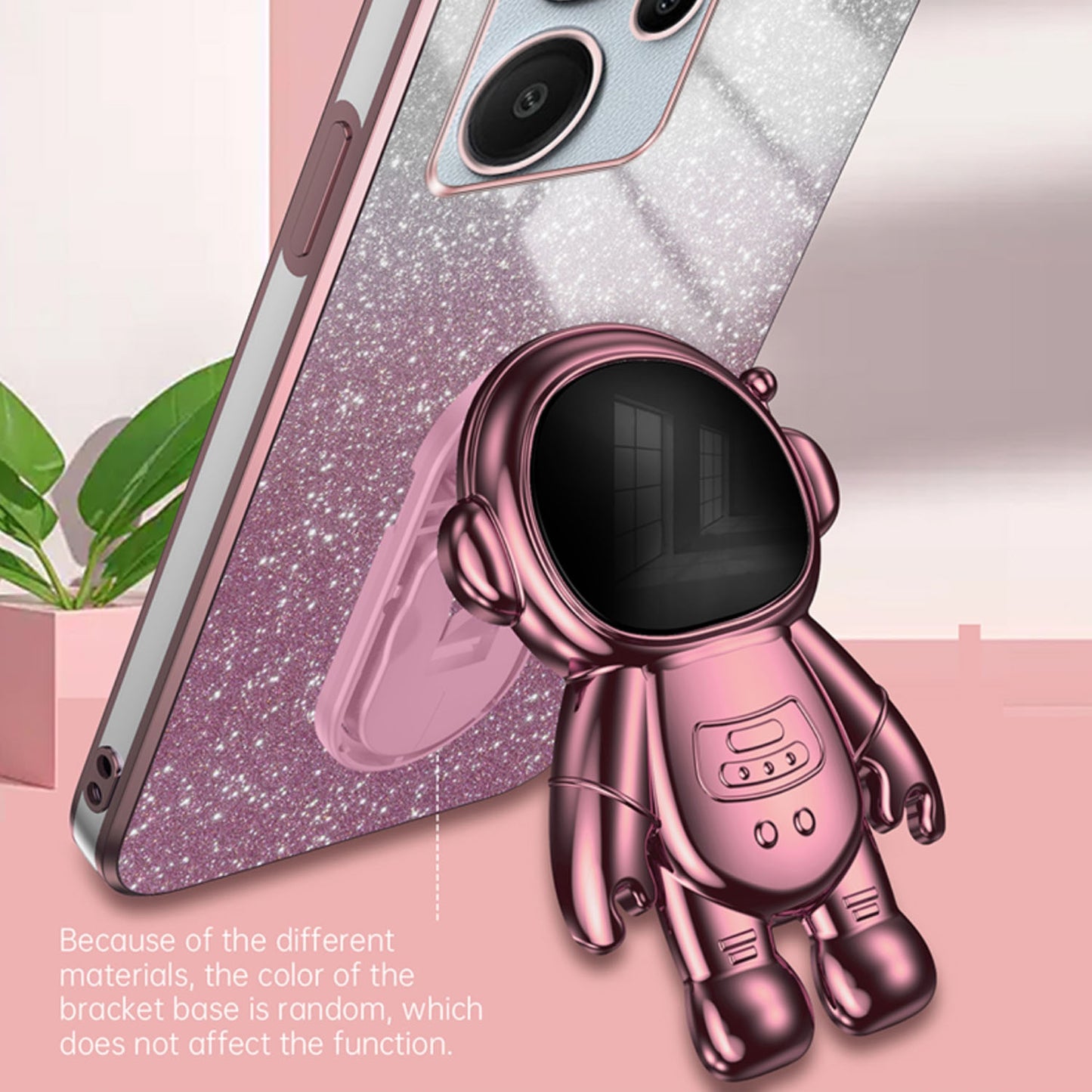 For Xiaomi Redmi Note 13 Pro+ 5G Phone Case Astronaut Kickstand Anti-shock Electroplated Cover - Pink
