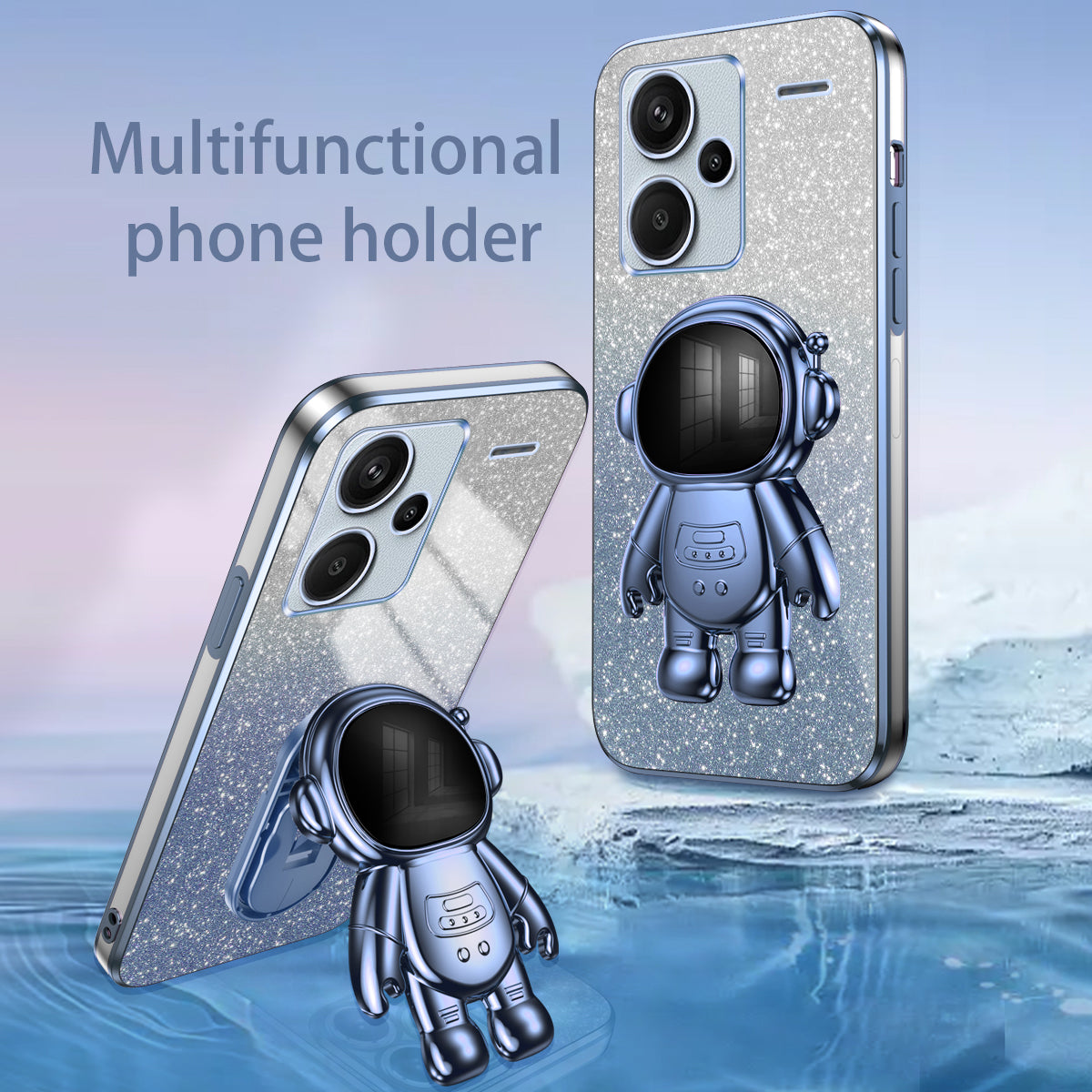 For Xiaomi Redmi Note 13 Pro+ 5G Phone Case Astronaut Kickstand Anti-shock Electroplated Cover - Blue