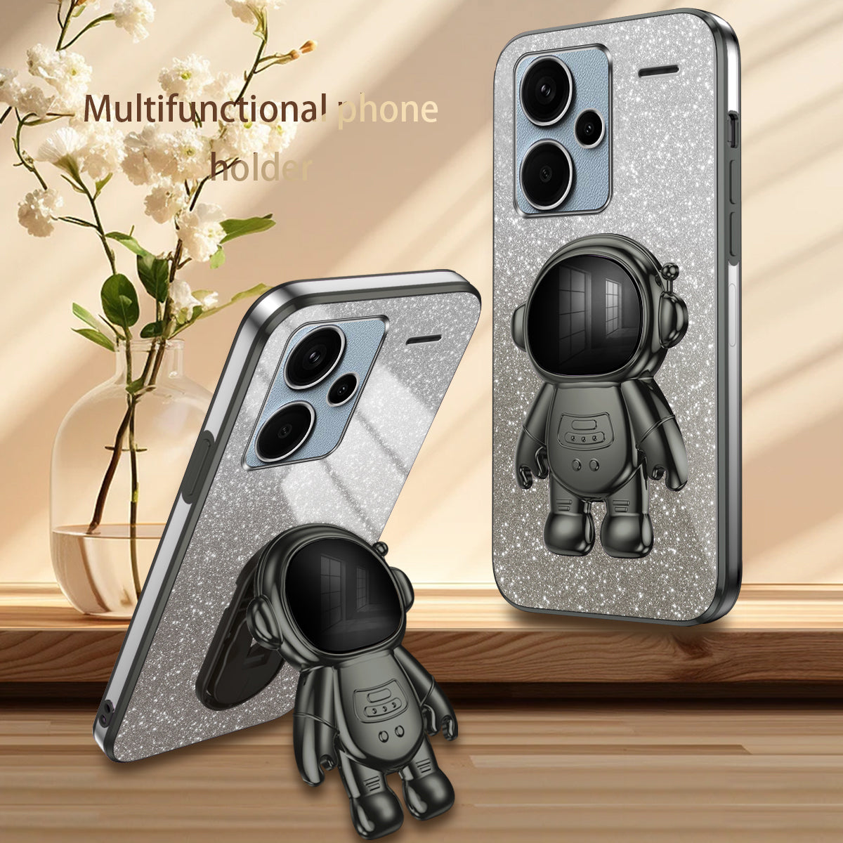 For Xiaomi Redmi Note 13 Pro+ 5G Phone Case Astronaut Kickstand Anti-shock Electroplated Cover - Black