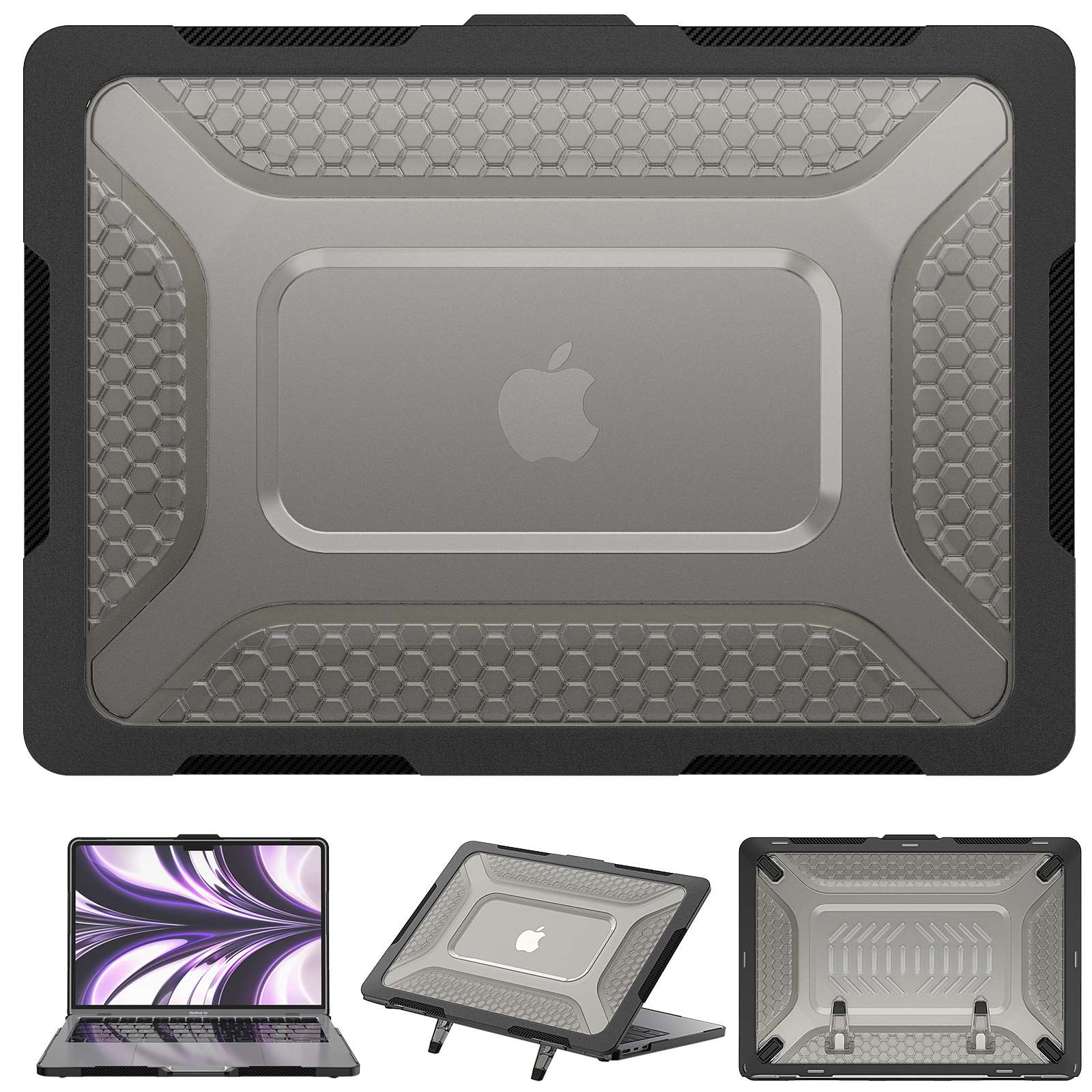 For MacBook Air 13 inch (2022) (M2 A2681) Protective Case Anti-Scratch Laptop Hard PC Case with Kickstand - Black