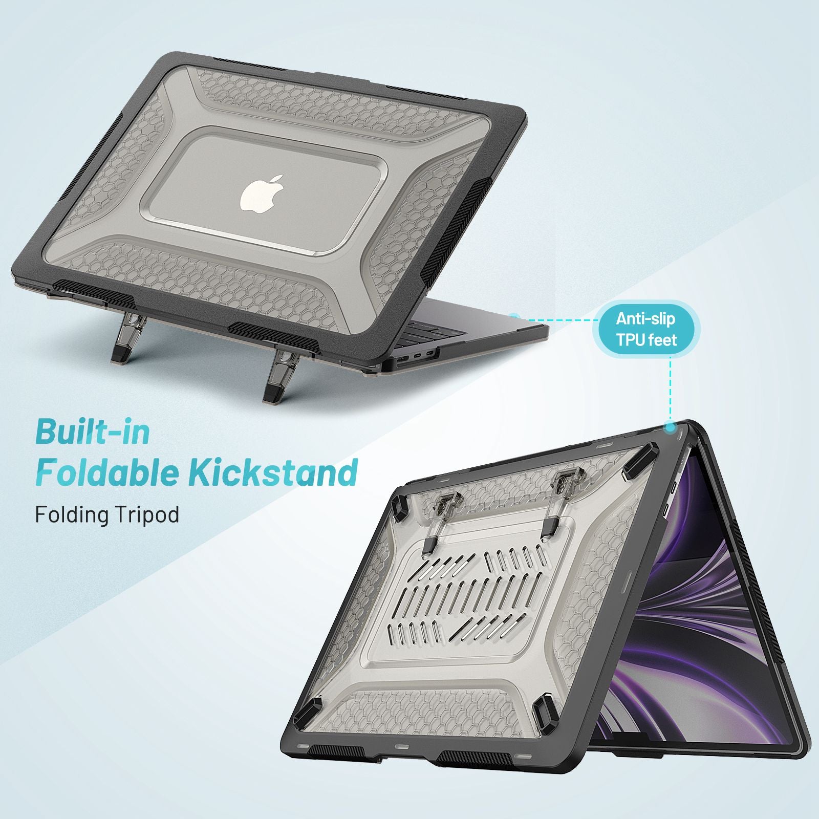 For MacBook Air 13 inch (2022) (M2 A2681) Protective Case Anti-Scratch Laptop Hard PC Case with Kickstand - Black