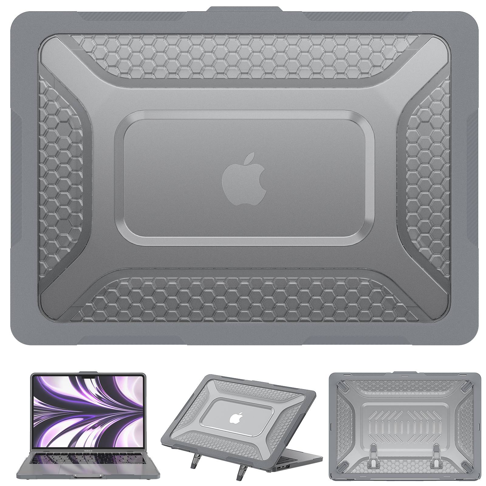 For MacBook Air 13 inch (2022) (M2 A2681) Protective Case Anti-Scratch Laptop Hard PC Case with Kickstand - Grey