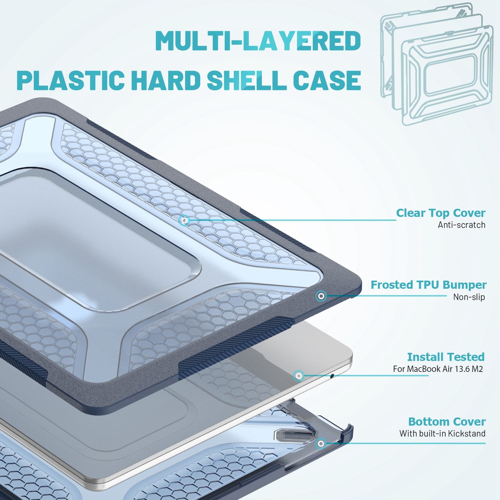 For MacBook Air 13 inch (2022) (M2 A2681) Protective Case Anti-Scratch Laptop Hard PC Case with Kickstand - Sapphire