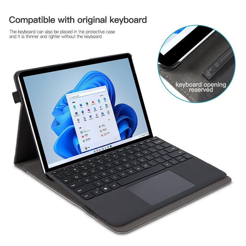 Cloth Texture Laptop Case Cover for Microsoft Surface Pro 9, PU Leather+TPU Stand Notebook Tablet PC Sleeve - Black / Grey