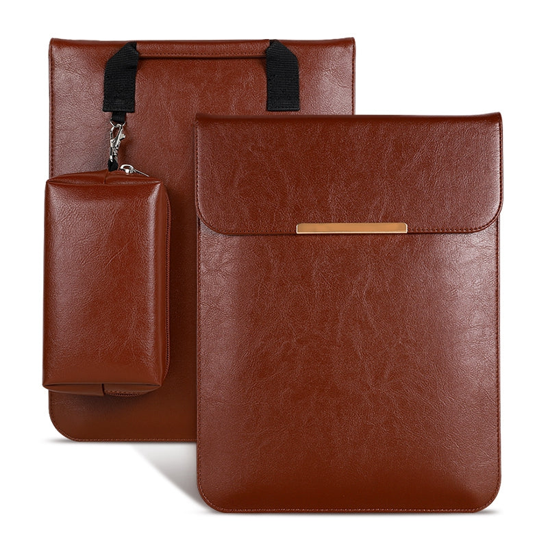 2Pcs / Set For 13 Inch Laptop Sleeve Soft Lining Magnetic Closure PU Leather Notebook Carrying Bag + Small Bag - Brown