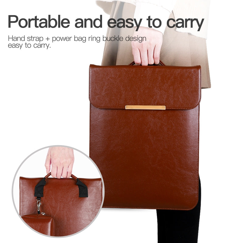 2Pcs / Set For 13 Inch Laptop Sleeve Soft Lining Magnetic Closure PU Leather Notebook Carrying Bag + Small Bag - Brown