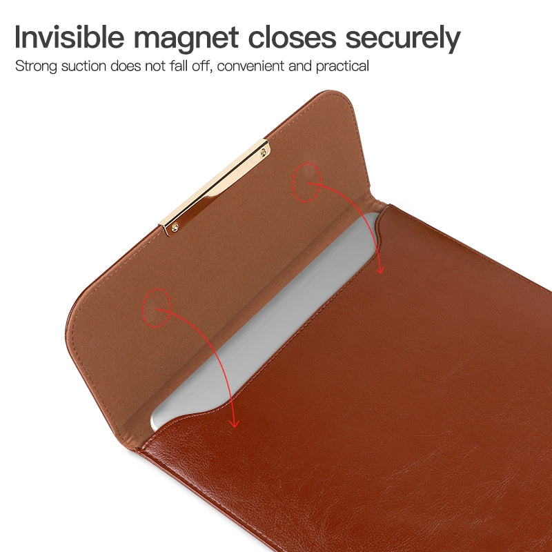 2Pcs / Set For 13 Inch Laptop Sleeve Soft Lining Magnetic Closure PU Leather Notebook Carrying Bag + Small Bag - Brown