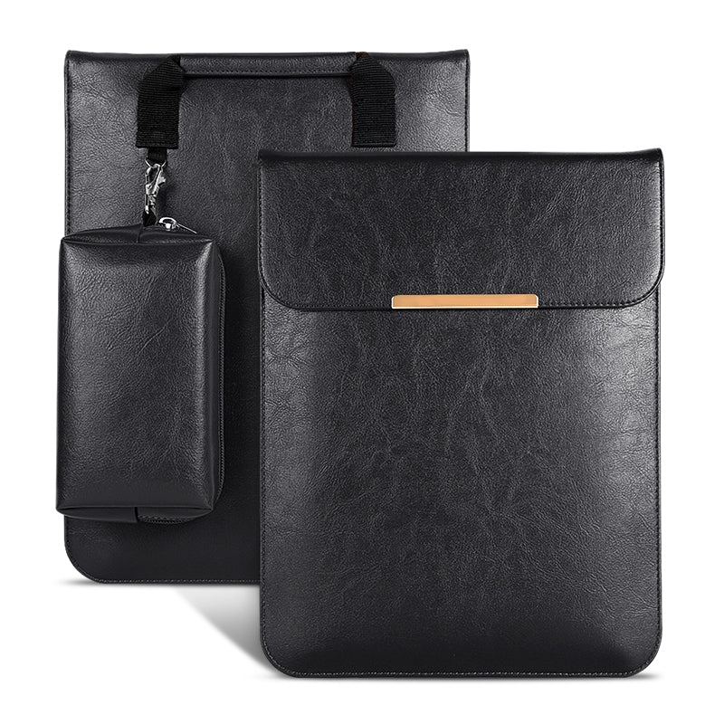2Pcs / Set For 13 Inch Laptop Sleeve Soft Lining Magnetic Closure PU Leather Notebook Carrying Bag + Small Bag - Black