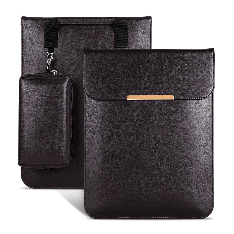 2Pcs / Set For 13 Inch Laptop Sleeve Soft Lining Magnetic Closure PU Leather Notebook Carrying Bag + Small Bag - Coffee