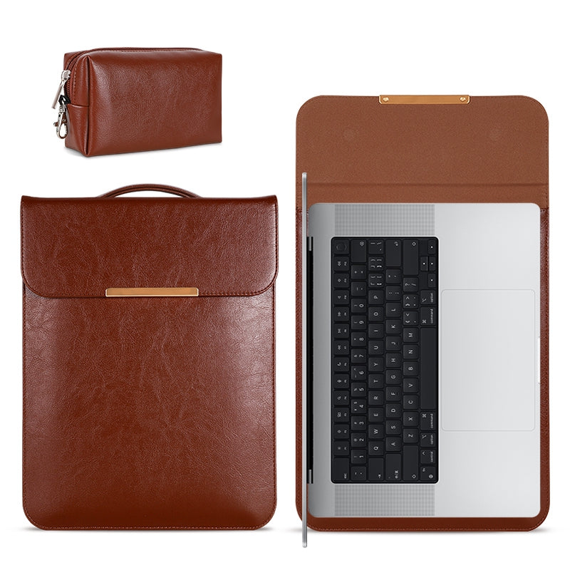 2Pcs / Set For 13 Inch Laptop Sleeve Soft Lining Magnetic Closure PU Leather Notebook Carrying Bag + Small Bag - Coffee