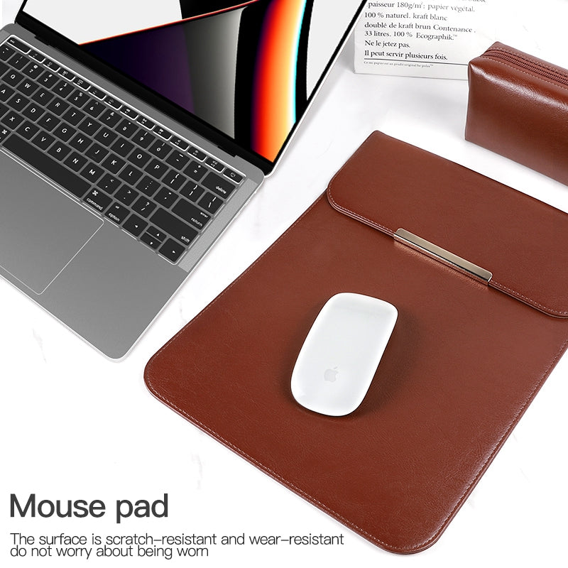 2Pcs / Set For 13 Inch Laptop Sleeve Soft Lining Magnetic Closure PU Leather Notebook Carrying Bag + Small Bag - Coffee
