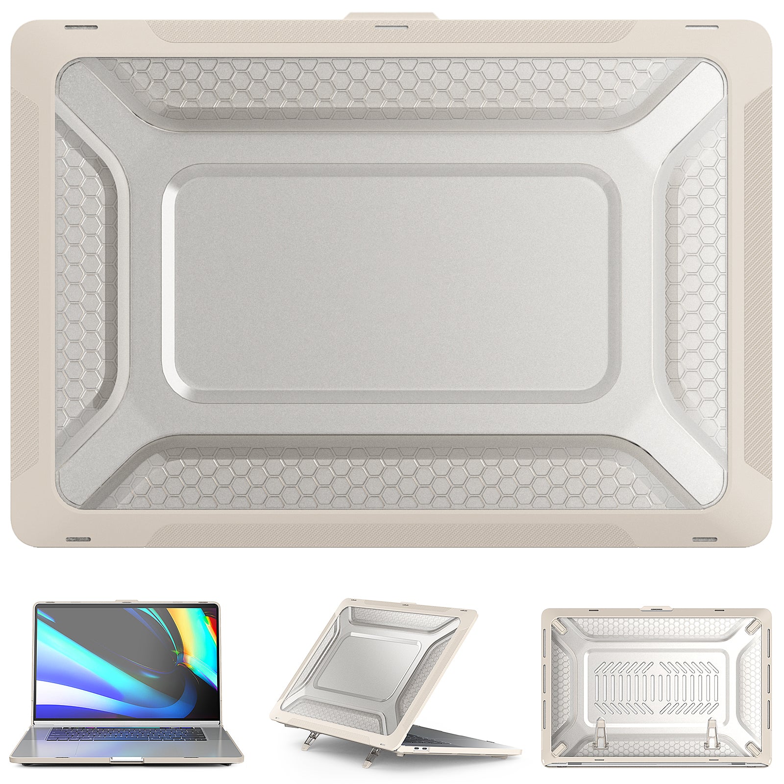 For MacBook Pro 16 inch (2019) A2141 Laptop Cover Dual Layer Hard PC Soft TPU Shell Case with Kickstand - Apricot