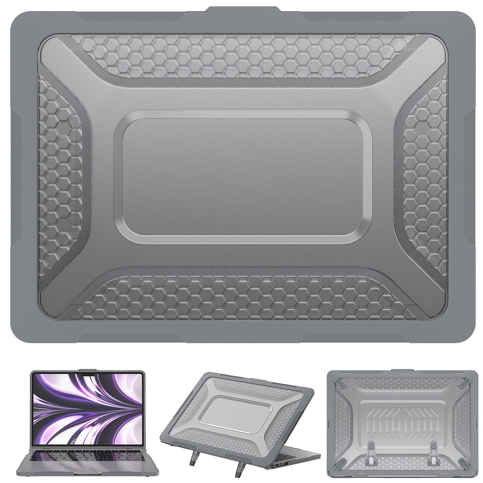 For MacBook Air 13 inch (2022) M2 A2681 Heat Dissipation Laptop Case Shockproof Hard PC Soft TPU Kickstand Cover - Grey