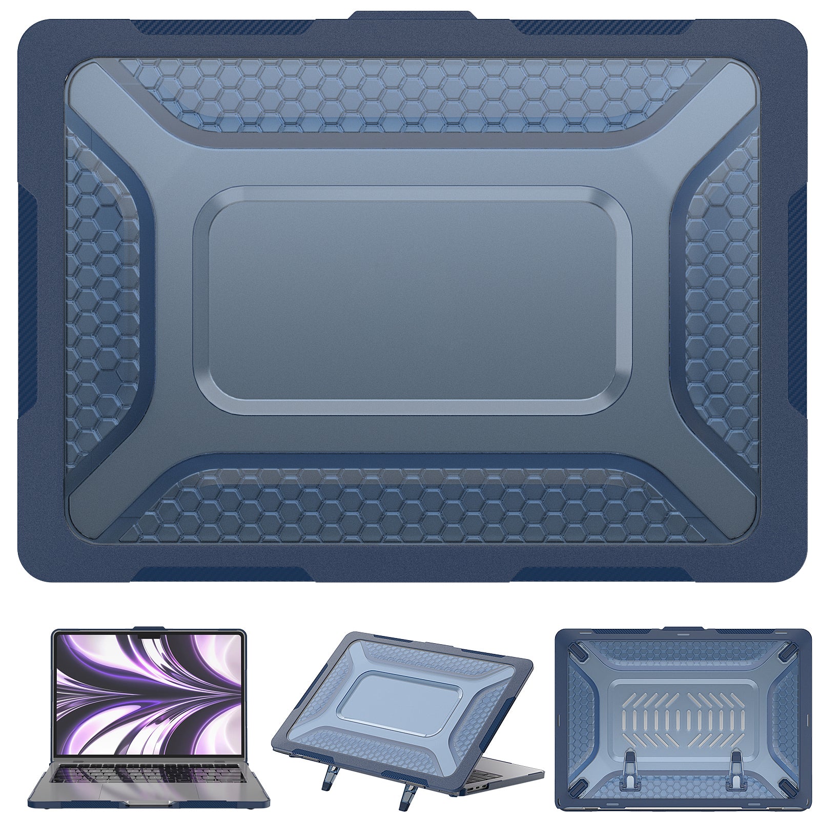 For MacBook Air 13 inch (2022) M2 A2681 Heat Dissipation Laptop Case Shockproof Hard PC Soft TPU Kickstand Cover - Sapphire