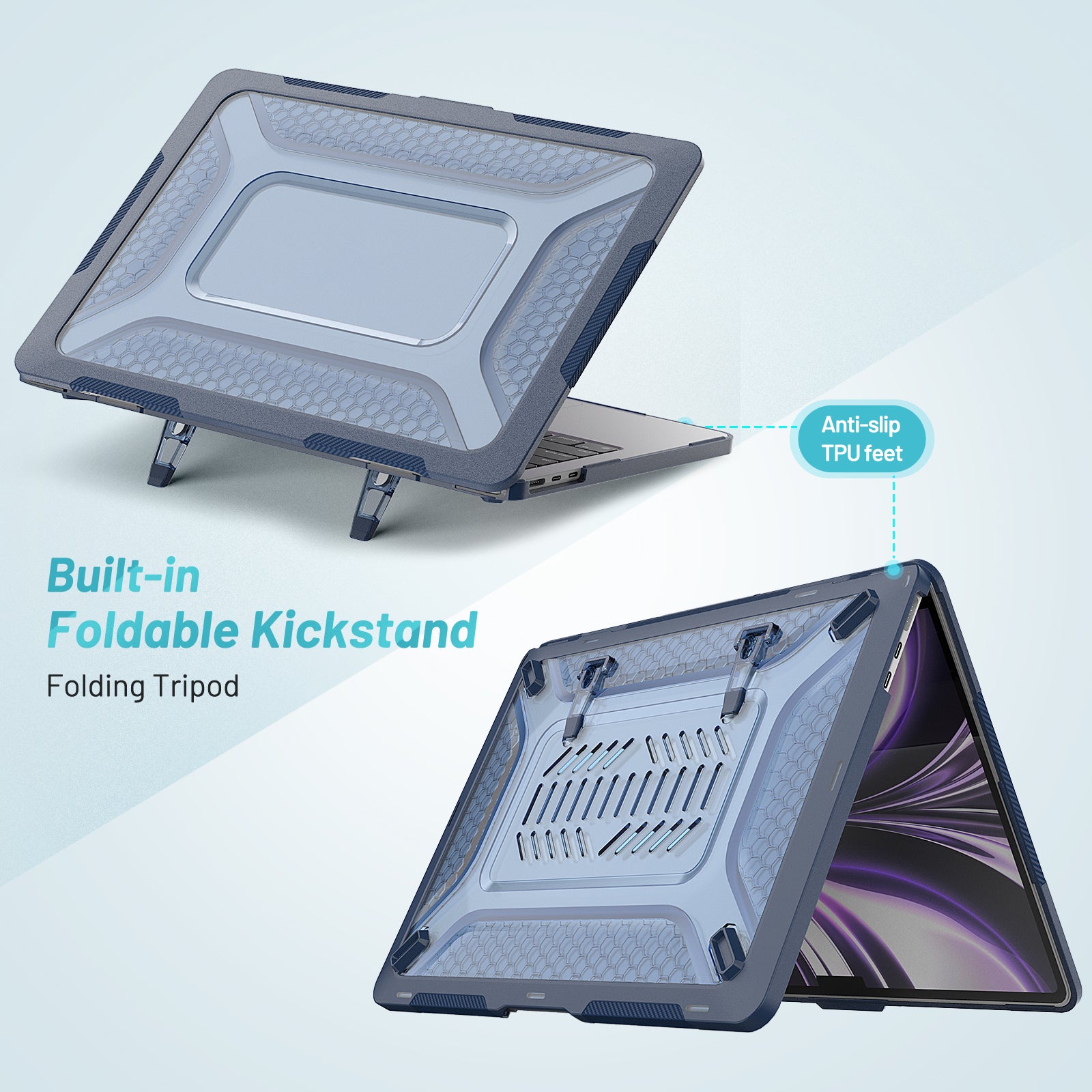 For MacBook Air 13 inch (2022) M2 A2681 Heat Dissipation Laptop Case Shockproof Hard PC Soft TPU Kickstand Cover - Sapphire
