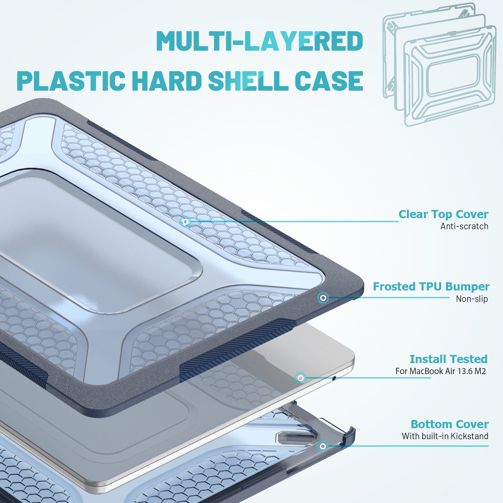 For MacBook Air 13 inch (2022) M2 A2681 Heat Dissipation Laptop Case Shockproof Hard PC Soft TPU Kickstand Cover - Sapphire