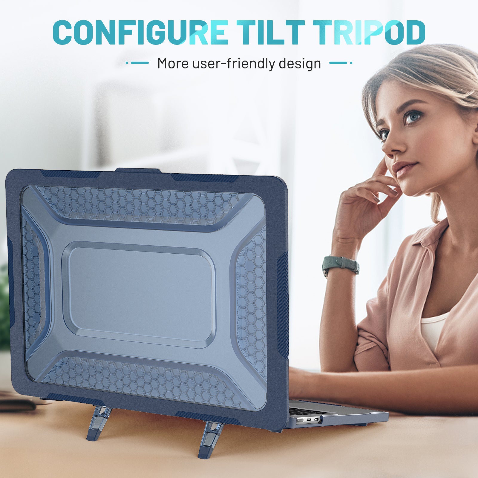 For MacBook Air 13 inch (2022) M2 A2681 Heat Dissipation Laptop Case Shockproof Hard PC Soft TPU Kickstand Cover - Sapphire