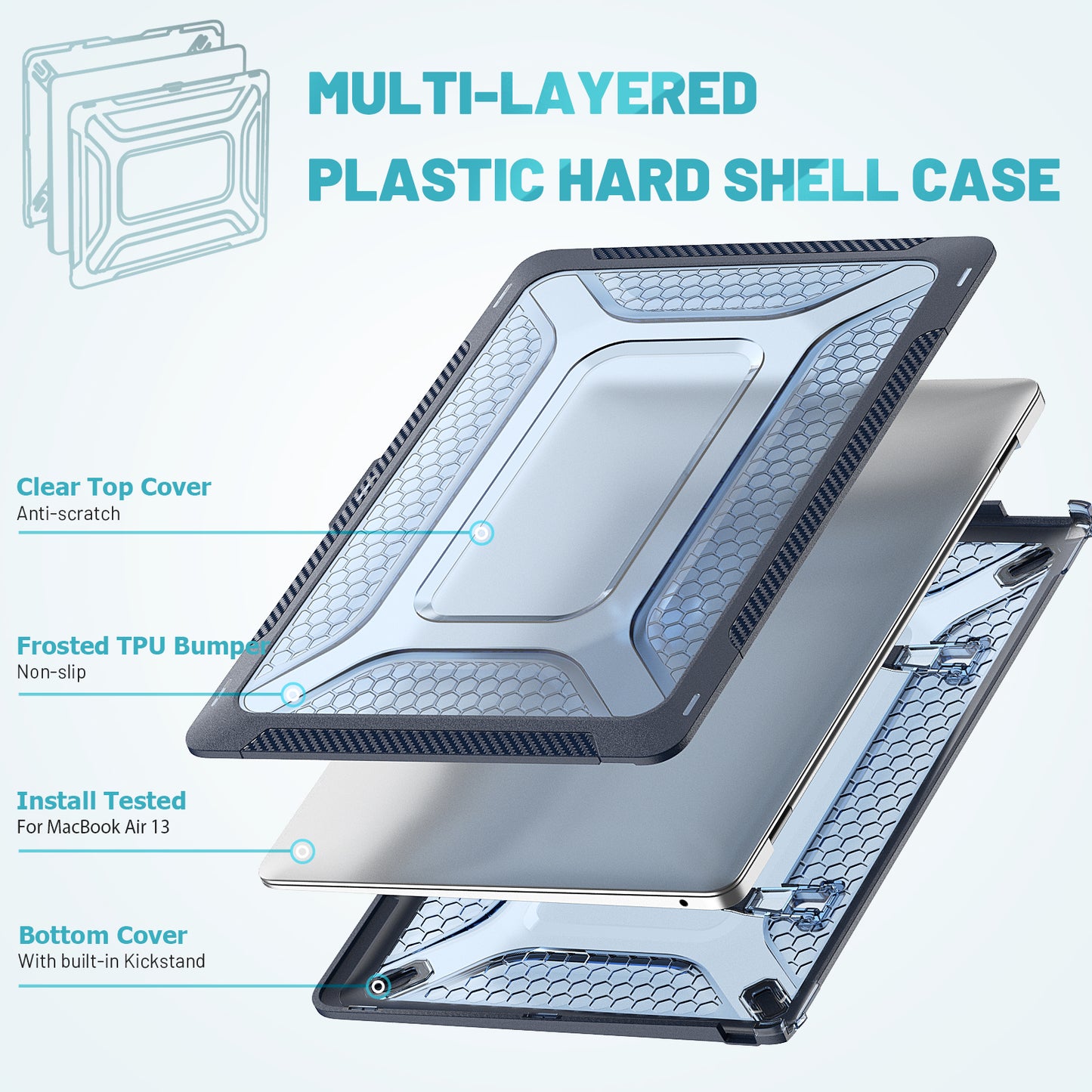 For MacBook Air 13 inch (2020) M1 A2337, A2179 / MacBook Air 13 inch (2018) A1932 Laptop Case Hard PC Soft TPU Kickstand Drop Tested Cover - Sapphire