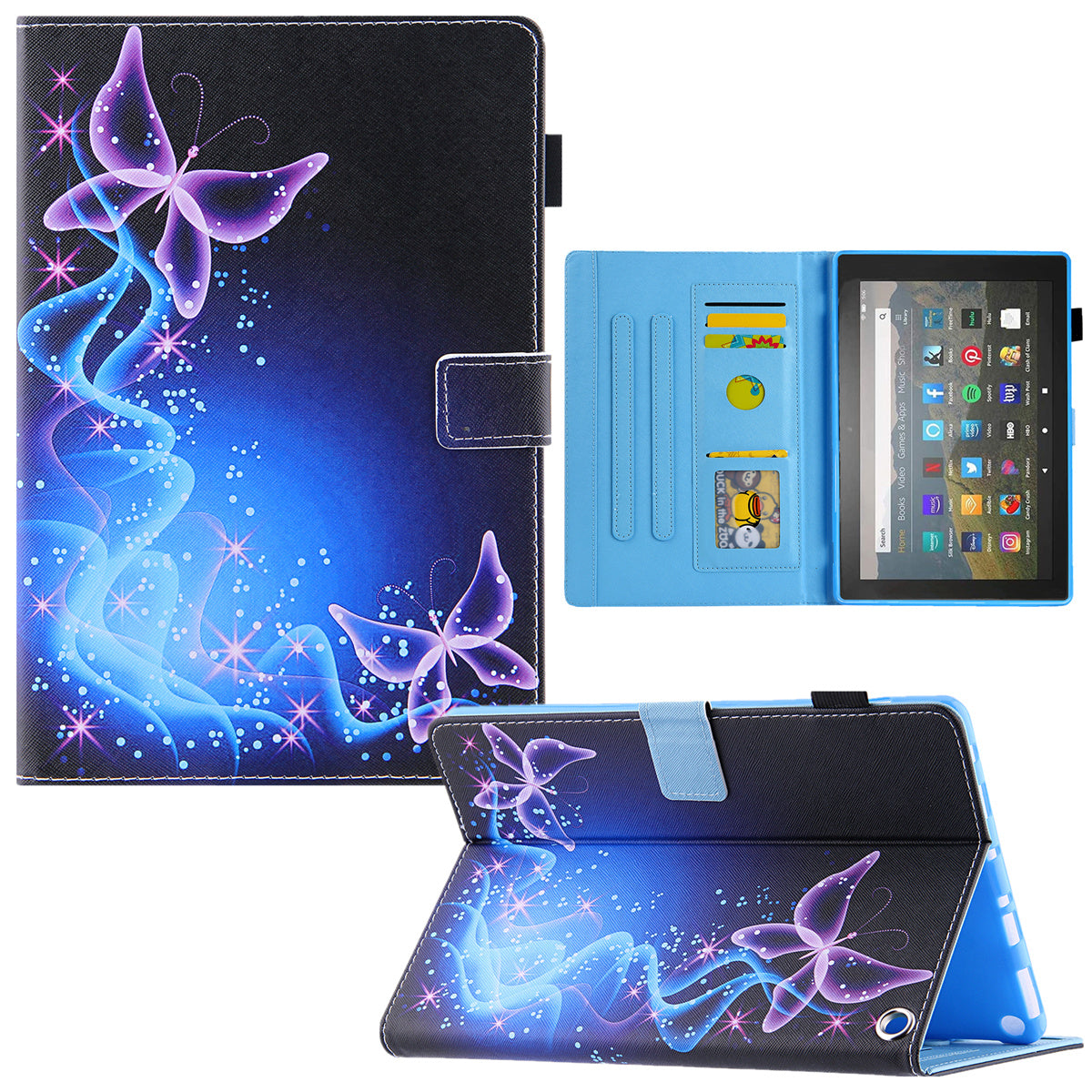 Uniqkart for Amazon Fire Max 11 Pattern Printing PU Leather Tablet Case Cross Texture Card Holder Stand Cover - Purple Butterflies