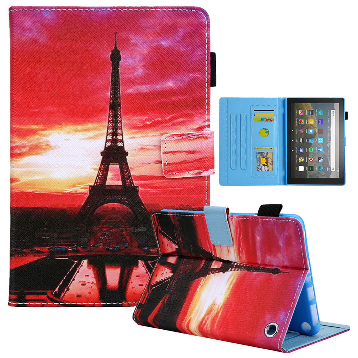 Uniqkart for Amazon Fire Max 11 Stand Tablet Leather Case Cross Texture Card Holder Pattern Printing Cover - Dusk  /  Tower