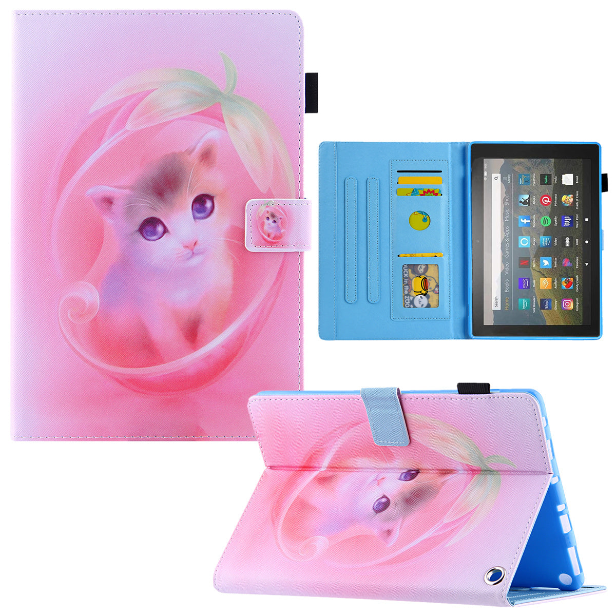 Uniqkart for Amazon Fire Max 11 Shockproof Case Pattern Printing Tablet Case Card Slot PU Leather Cover with Stand - Pink Cat