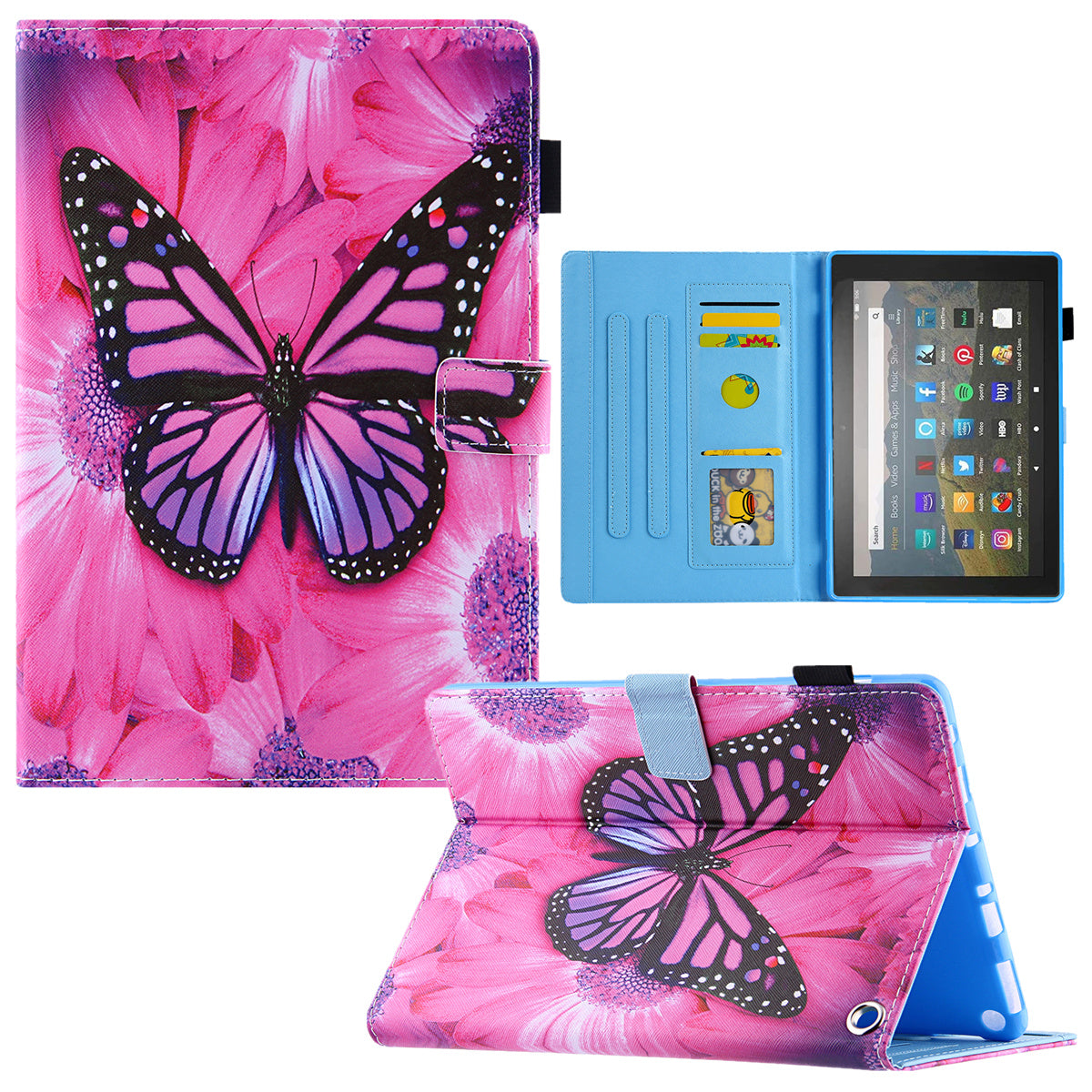 Uniqkart for Amazon Fire Max 11 Shockproof Case Pattern Printing Tablet Case Card Slot PU Leather Cover with Stand - Red Flower / Pink Butterfly