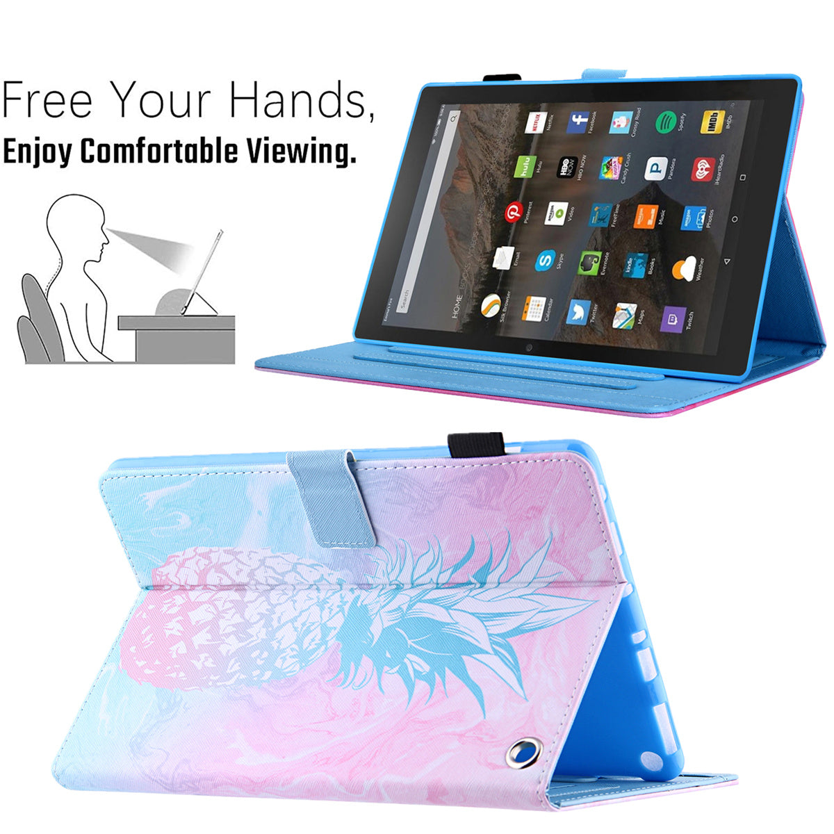Uniqkart for Amazon Fire Max 11 Shockproof Case Pattern Printing Tablet Case Card Slot PU Leather Cover with Stand - Blue Pink Pineapple