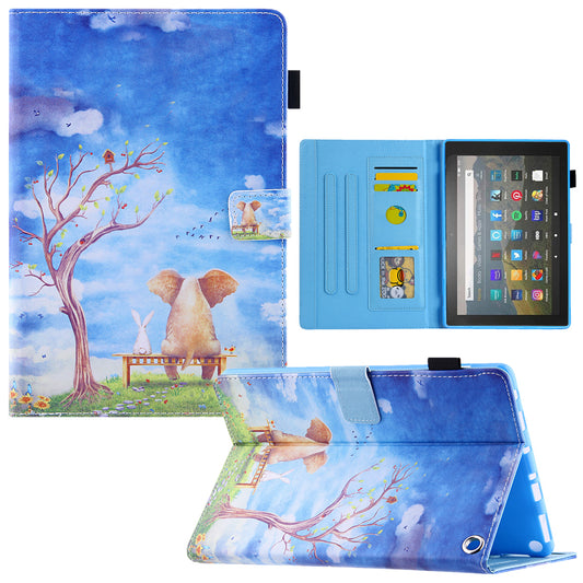 Uniqkart for Amazon Fire Max 11 Shockproof Case Pattern Printing Tablet Case Card Slot PU Leather Cover with Stand - Elephant and Rabbit