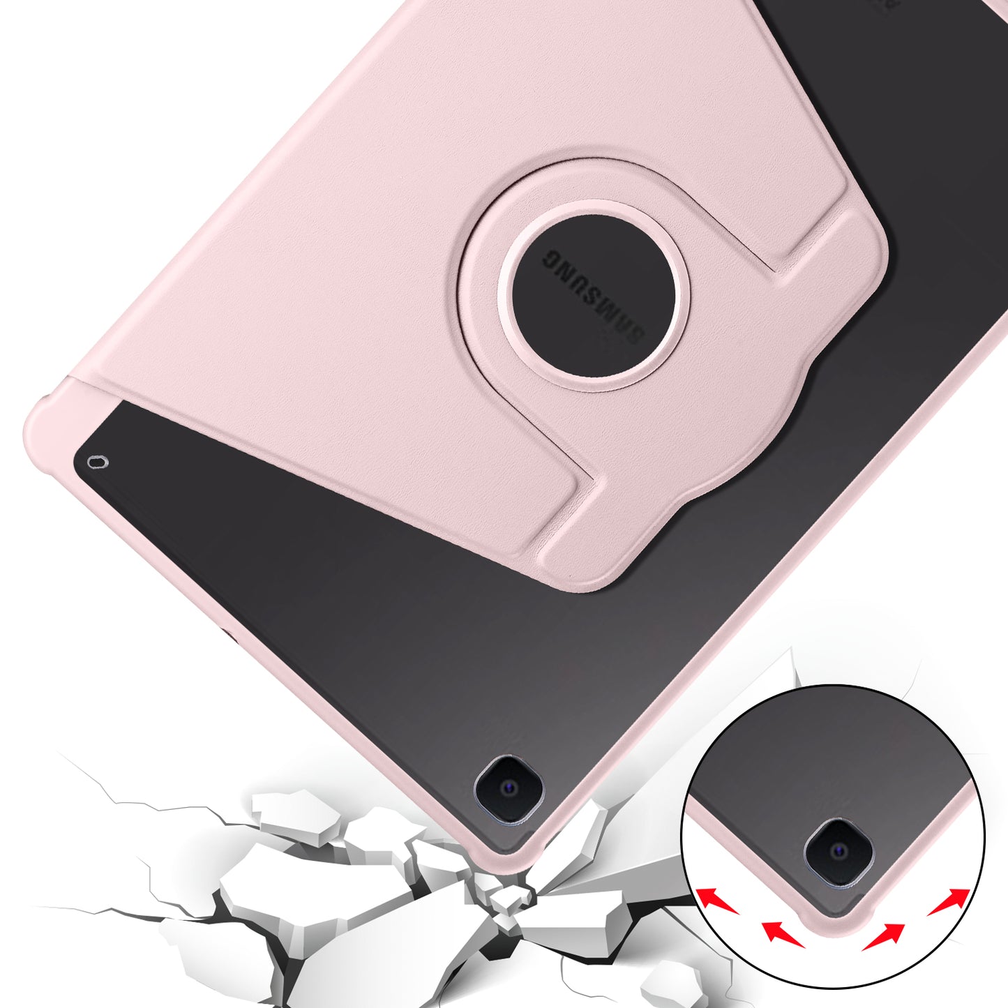 Uniqkart for Samsung Galaxy Tab S6 Lite / S6 Lite (2022) Anti-Drop Tablet Case 360-Degree Rotating Stand PU Leather Acrylic Cover - Pink