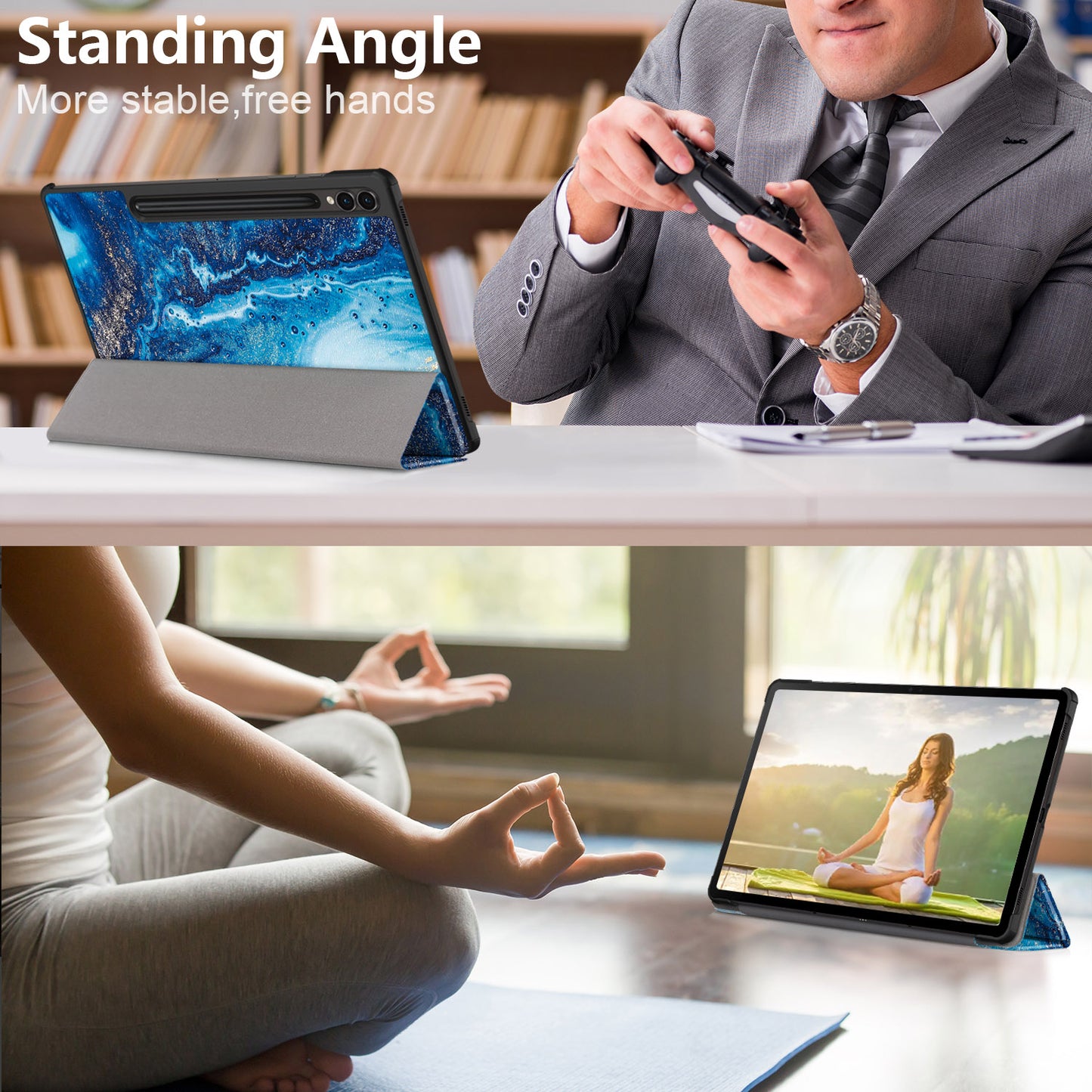 Uniqkart for Samsung Galaxy Tab S9+ Tri-fold Stand Cover PU Leather Pattern Printing Smart Tablet Case - Wave