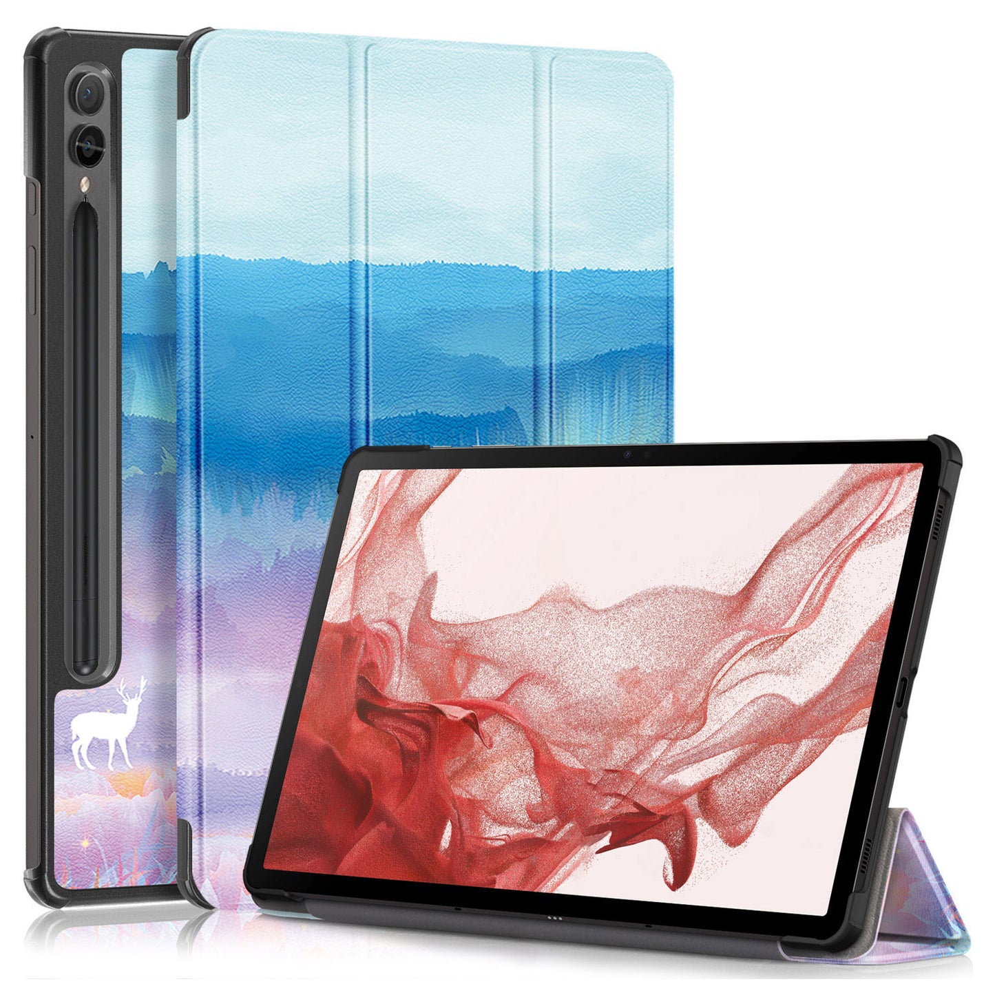 Uniqkart for Samsung Galaxy Tab S9+ Tri-fold Stand Cover PU Leather Pattern Printing Smart Tablet Case - Fantasy Deer