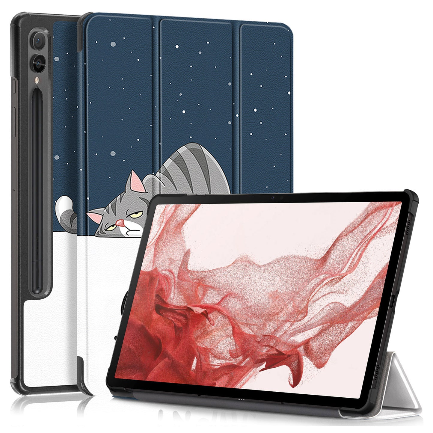 Uniqkart for Samsung Galaxy Tab S9+ Tri-fold Stand Cover PU Leather Pattern Printing Smart Tablet Case - Cat
