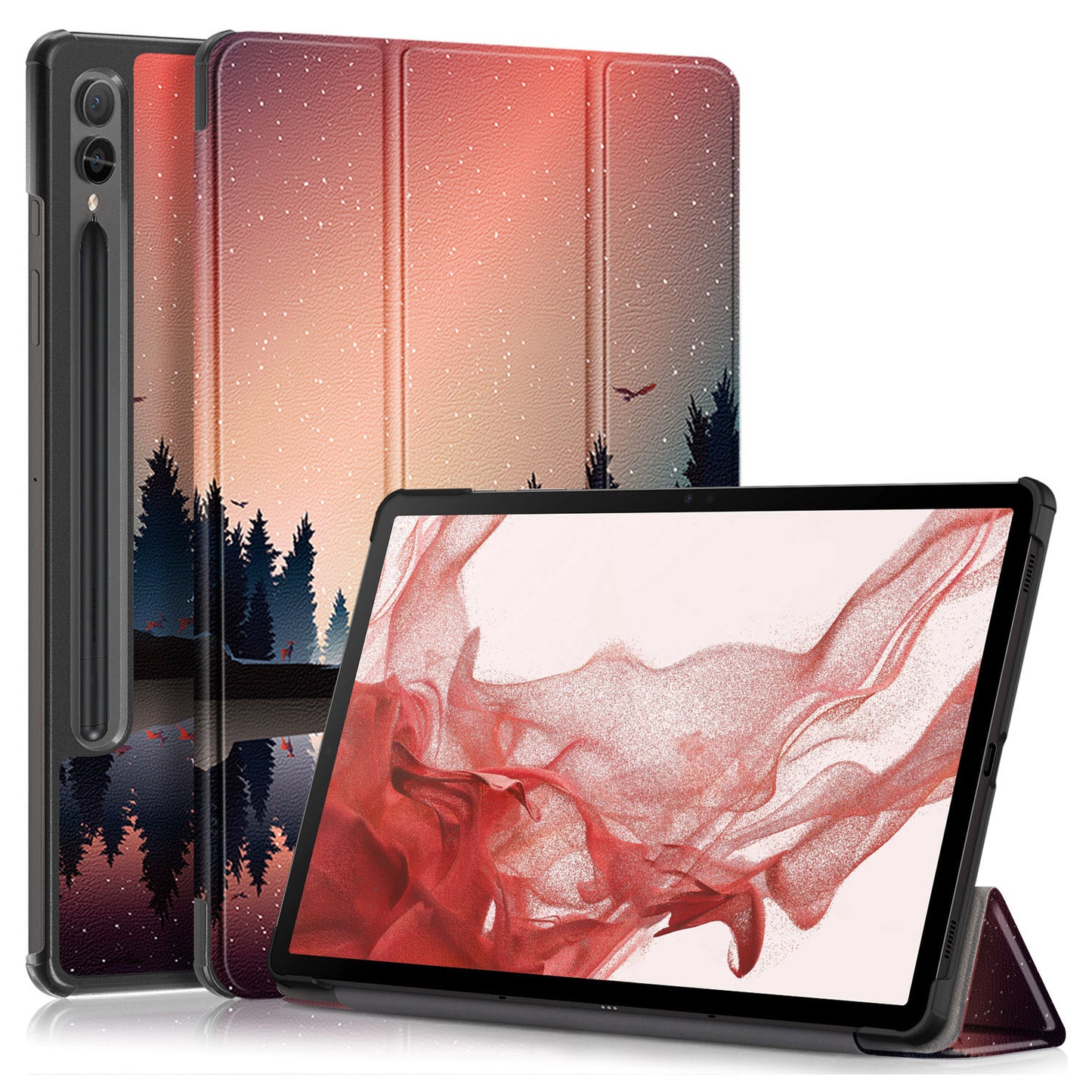 Uniqkart for Samsung Galaxy Tab S9+ Tri-fold Stand Cover PU Leather Pattern Printing Smart Tablet Case - Nightfall