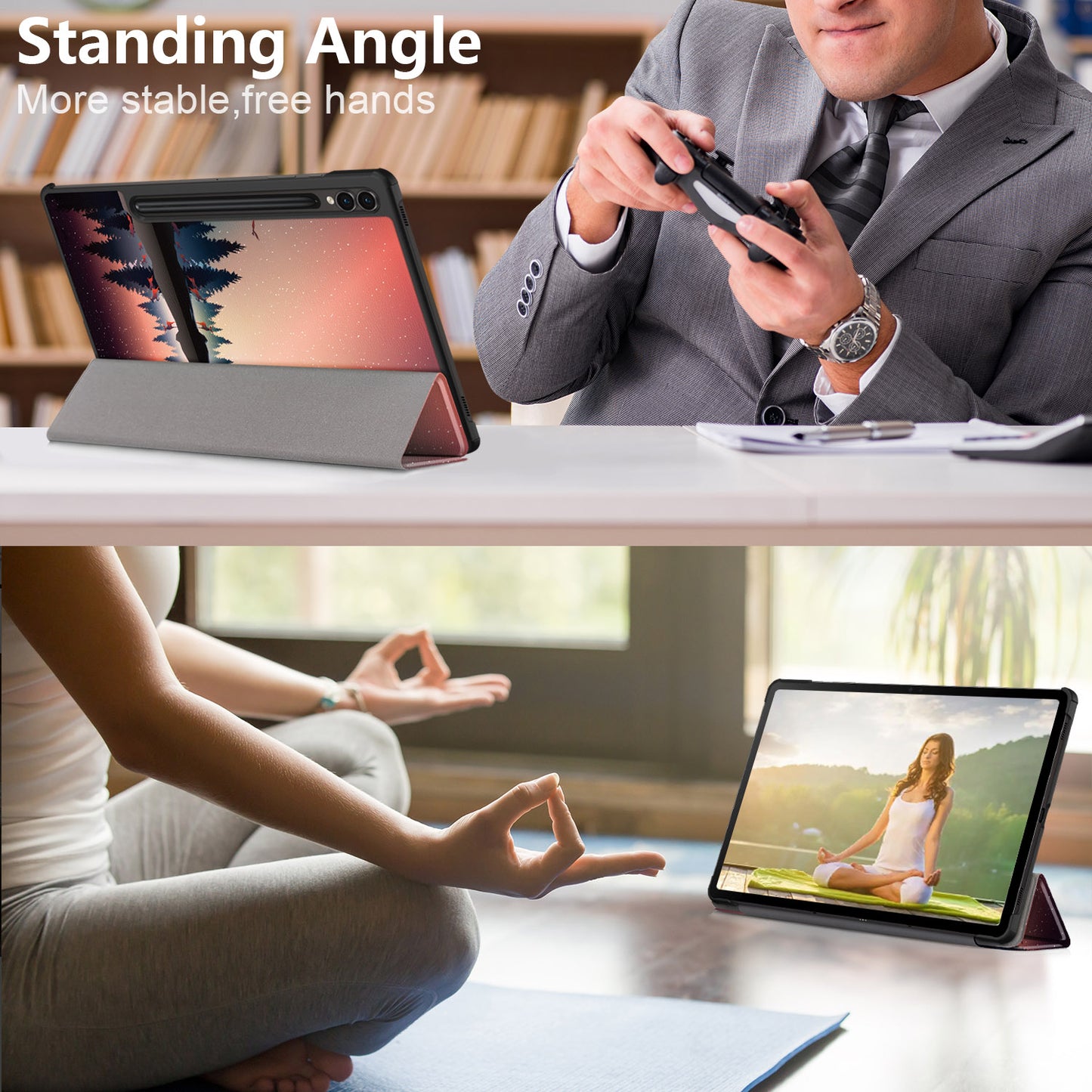 Uniqkart for Samsung Galaxy Tab S9+ Tri-fold Stand Cover PU Leather Pattern Printing Smart Tablet Case - Nightfall