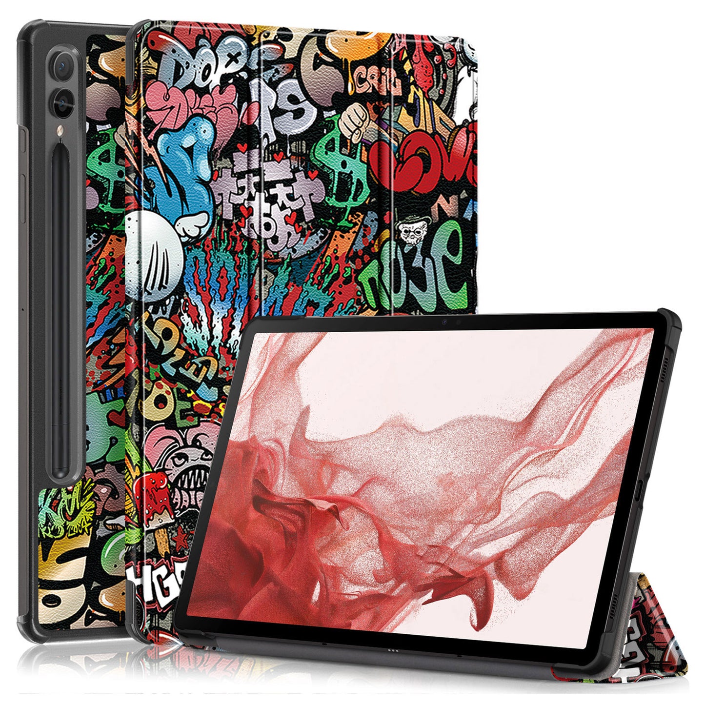Uniqkart for Samsung Galaxy Tab S9+ Tri-fold Stand Cover PU Leather Pattern Printing Smart Tablet Case - Graffiti