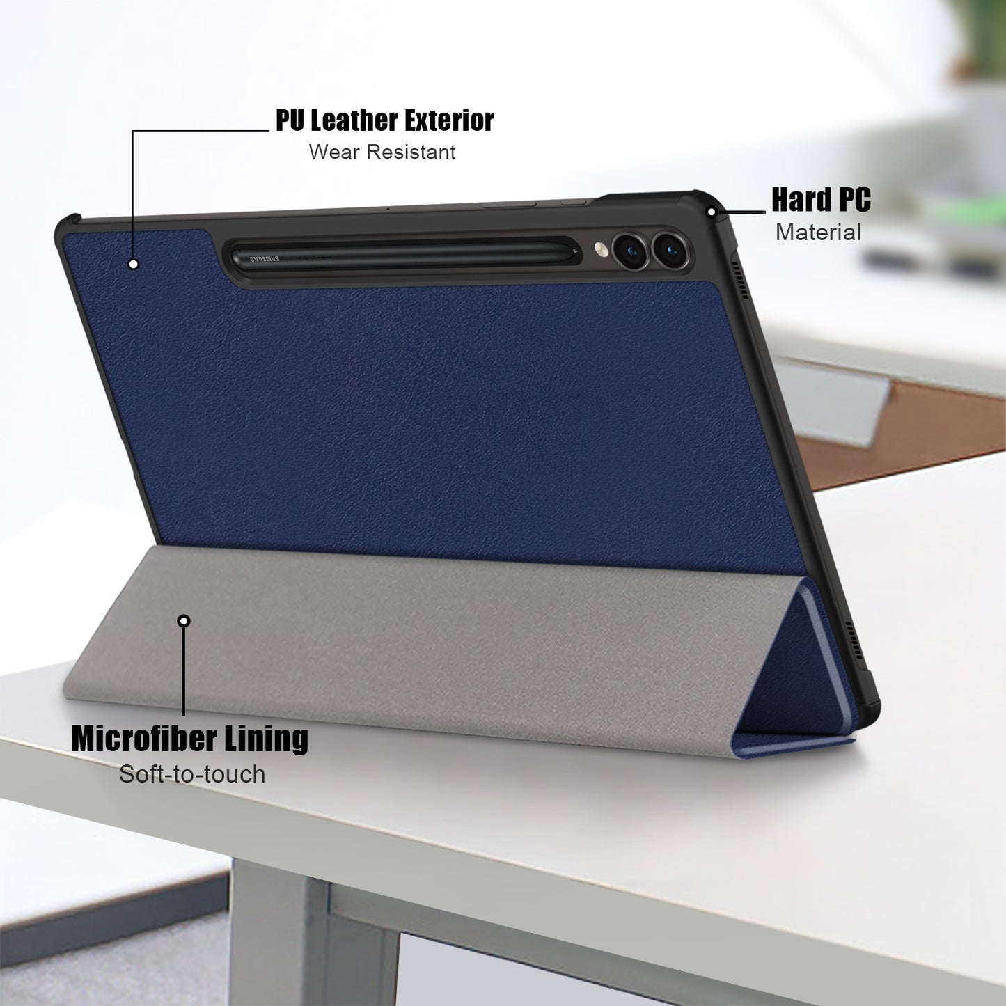 Uniqkart for Samsung Galaxy Tab S9+ PU Leather Trifold Stand Cover Auto Wake / Sleep Smart Tablet Case - Dark Blue