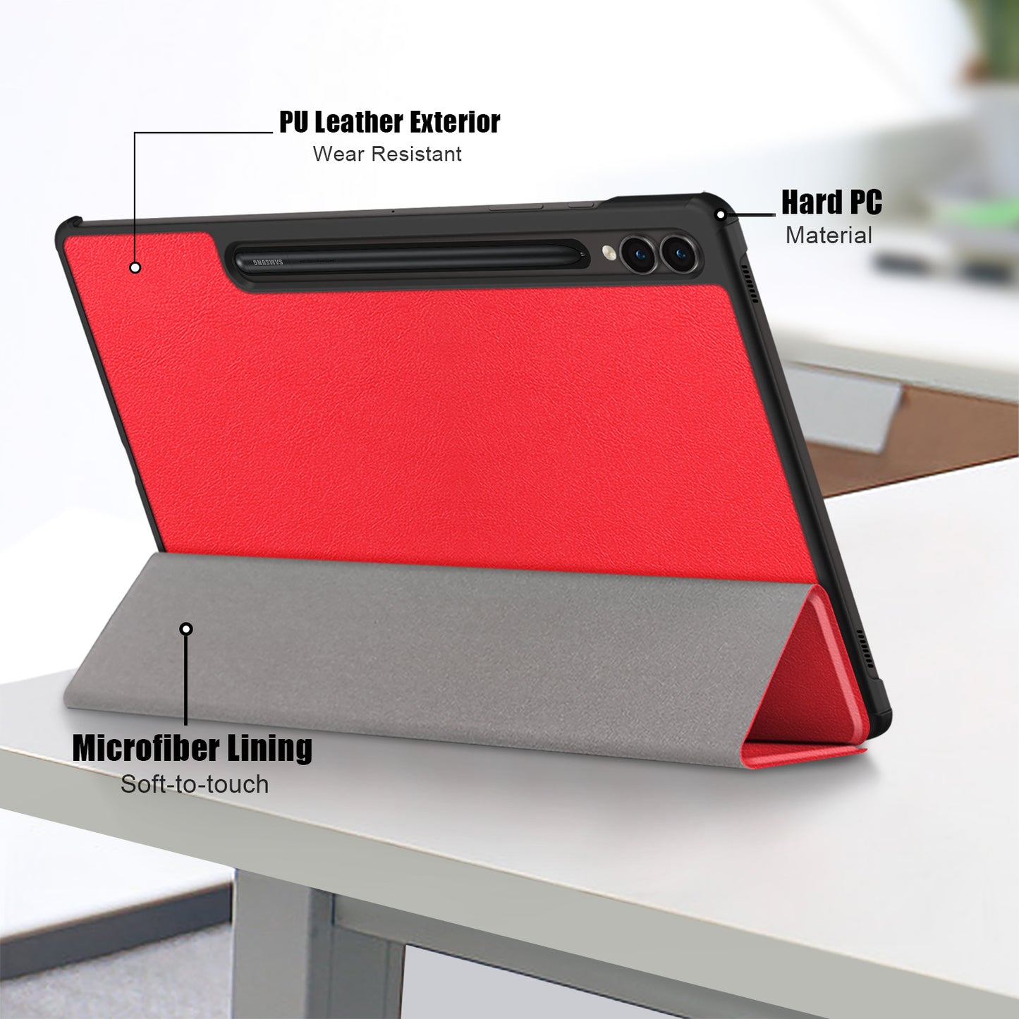 Uniqkart for Samsung Galaxy Tab S9+ PU Leather Trifold Stand Cover Auto Wake / Sleep Smart Tablet Case - Red