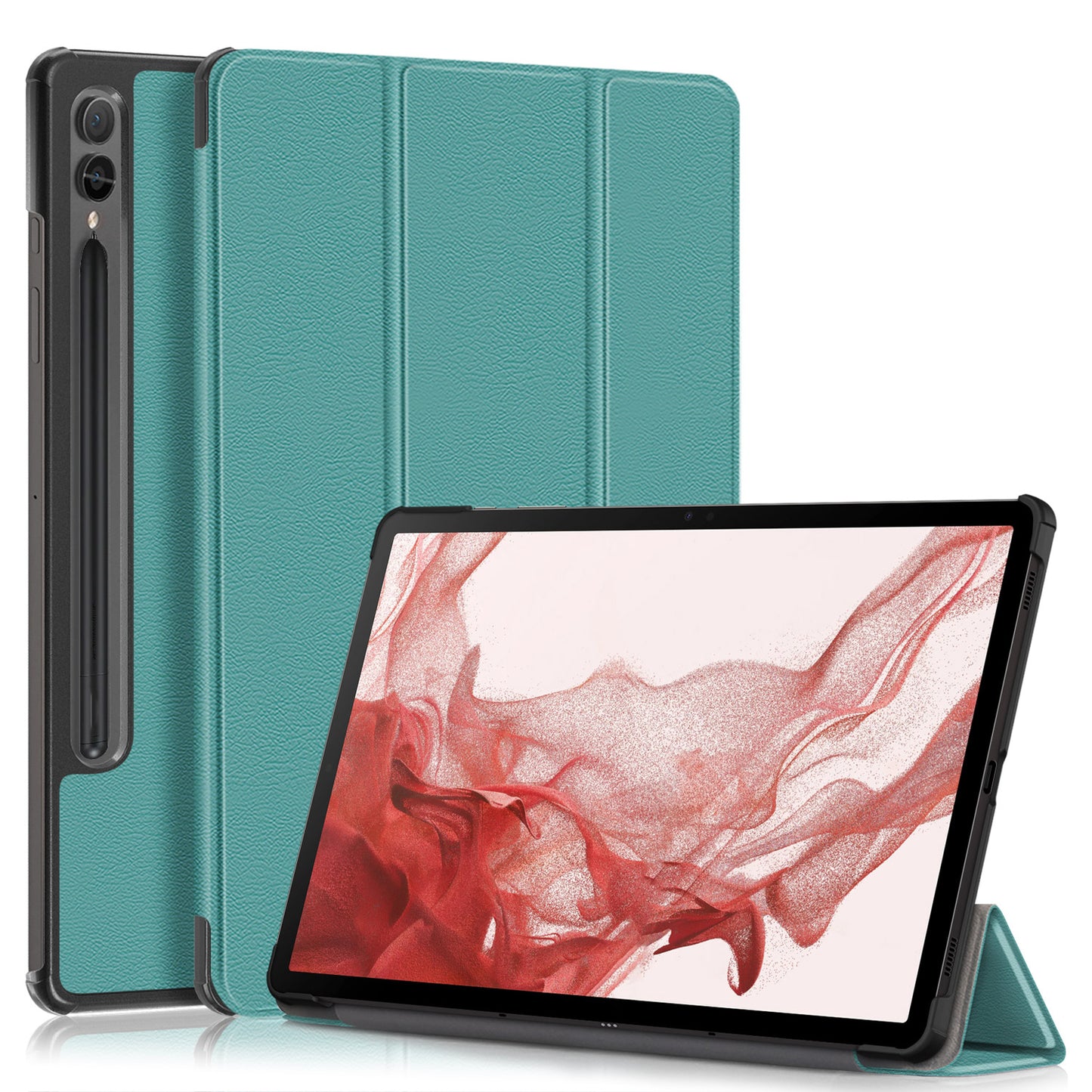 Uniqkart for Samsung Galaxy Tab S9+ PU Leather Trifold Stand Cover Auto Wake / Sleep Smart Tablet Case - Blackish Green