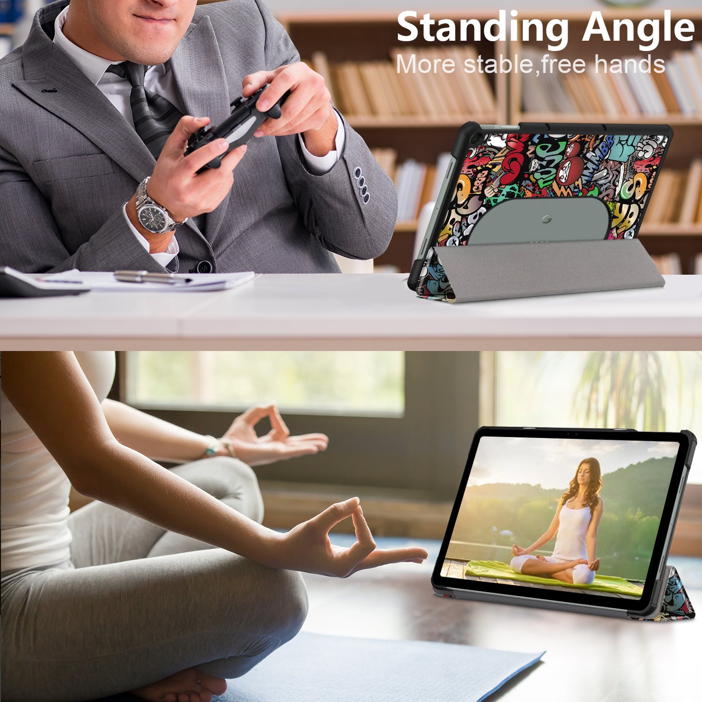 Pattern Printed Shockproof Case for Google Pixel Tablet Tri-fold Stand PU Leather Tablet Cover - Graffiti