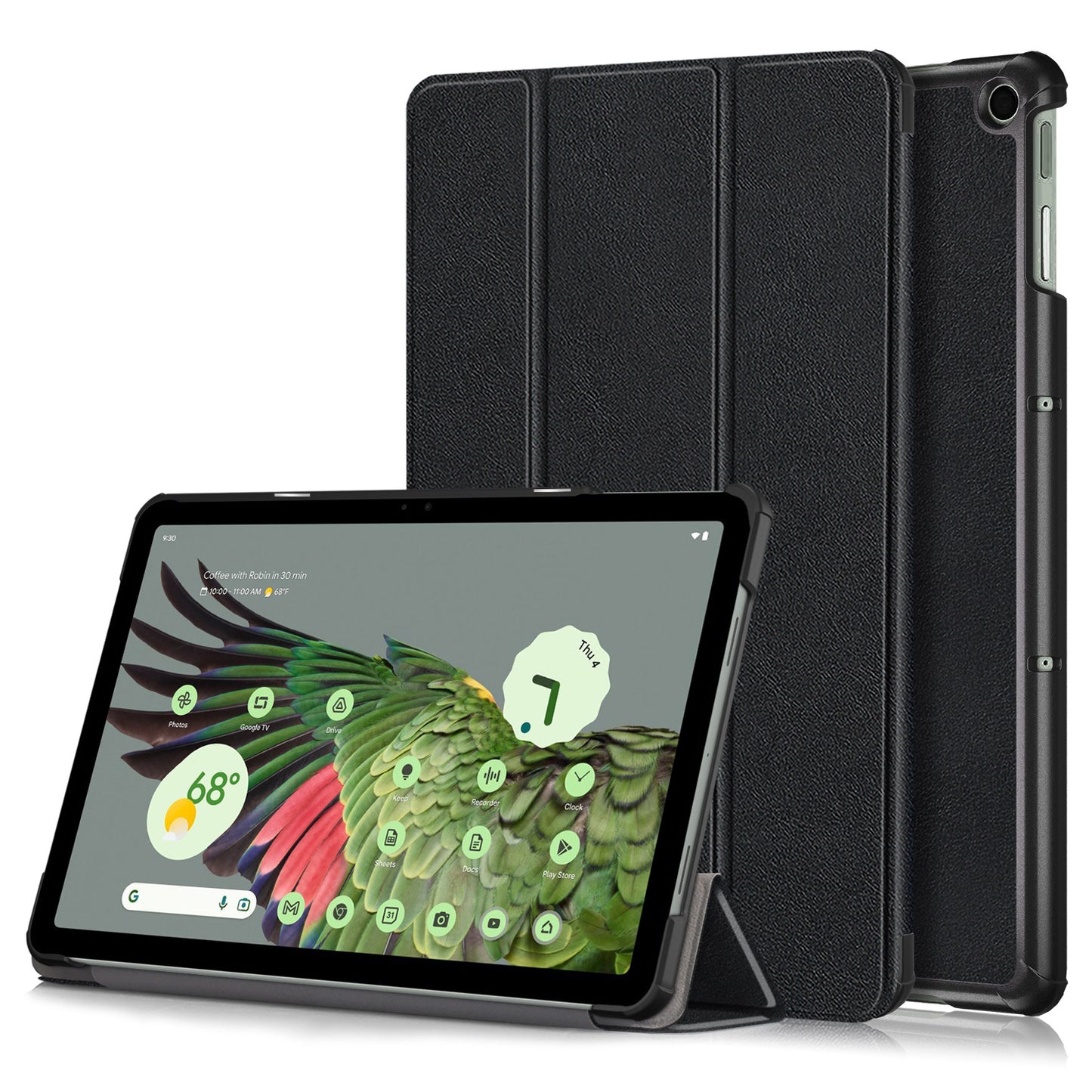 Pure Color Protective Case for Google Pixel Tablet PU Leather Anti-drop Tablet Cover with Case Tri-fold Stand - Black