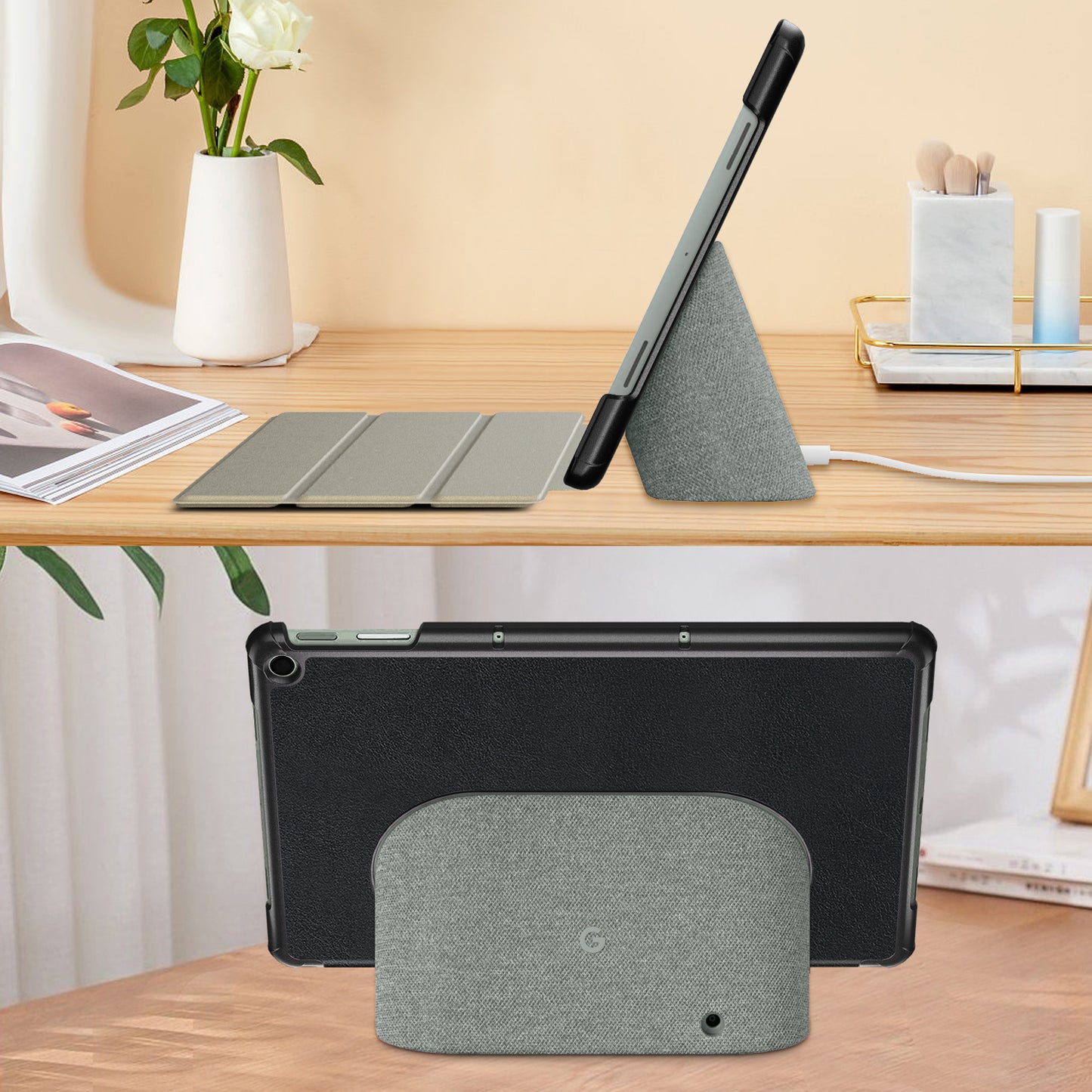 Pure Color Protective Case for Google Pixel Tablet PU Leather Anti-drop Tablet Cover with Case Tri-fold Stand - Black